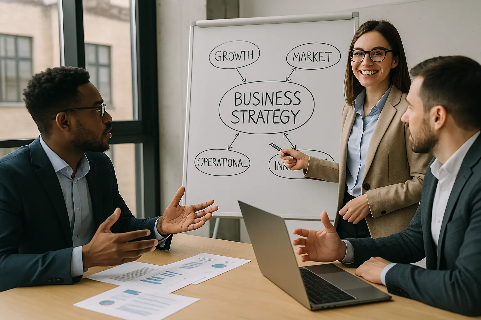 Business professionals collaborating over documents and tablets for Ugosay consulting.