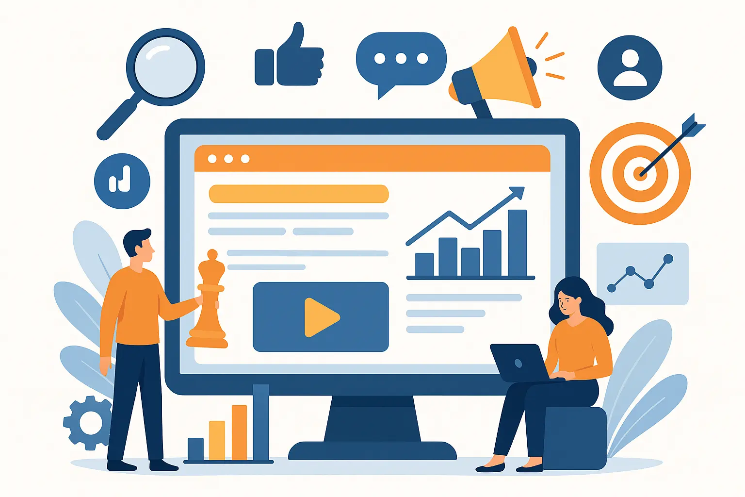 Digital marketer on a laptop with SEO, social media, and analytics icons, showing Ugosay services.