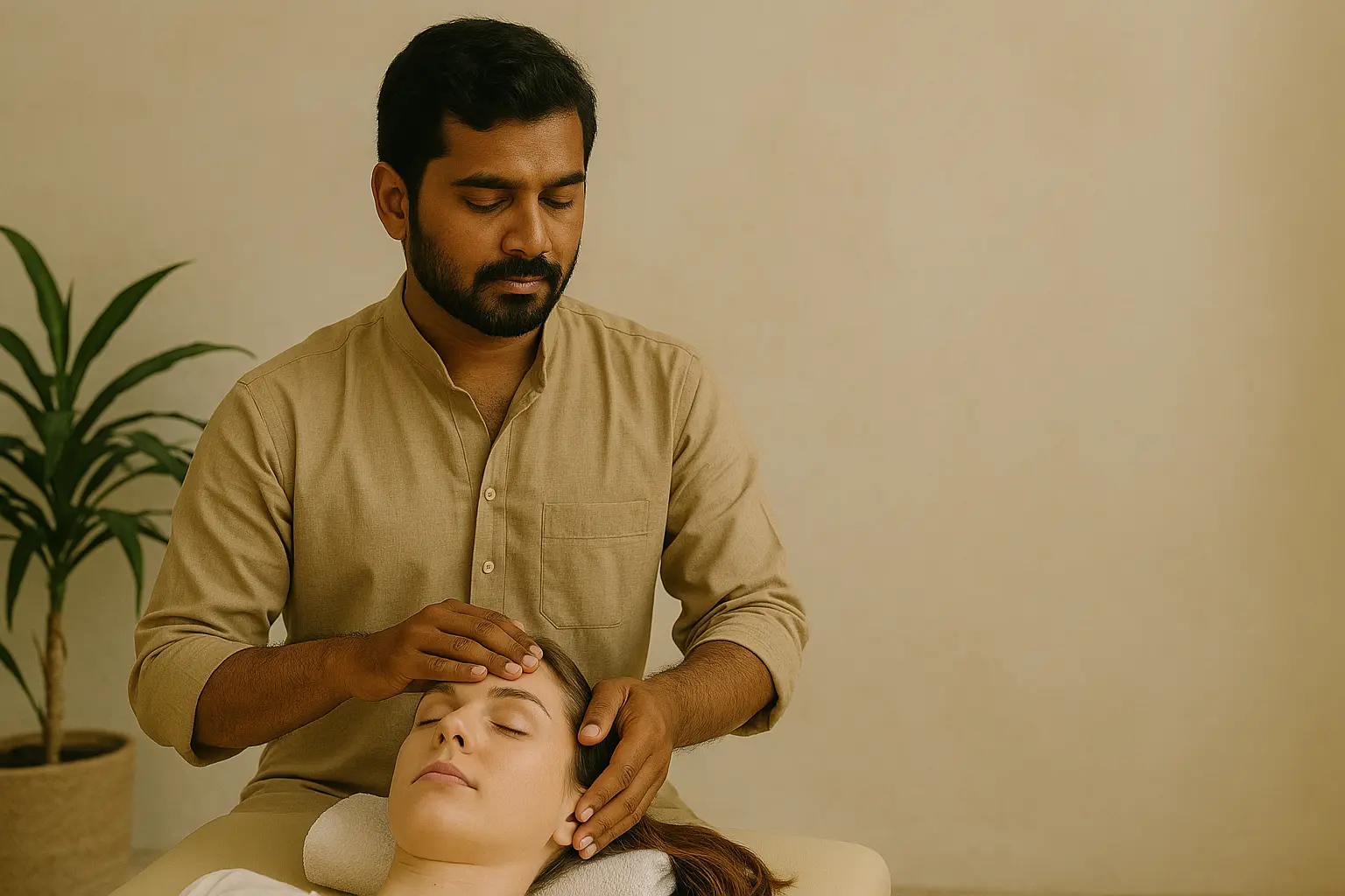 Holistic therapist performing Varmam therapy on a patient, showing Ugosay’s physiotherapy service.